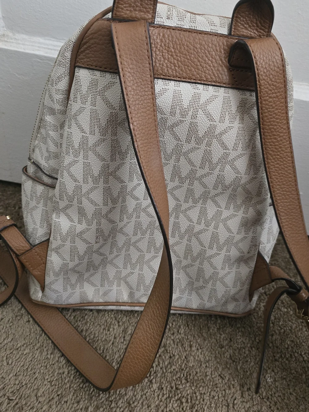 Michael Kors Beige/Tan MK Logo Backpack with Gold Studs
